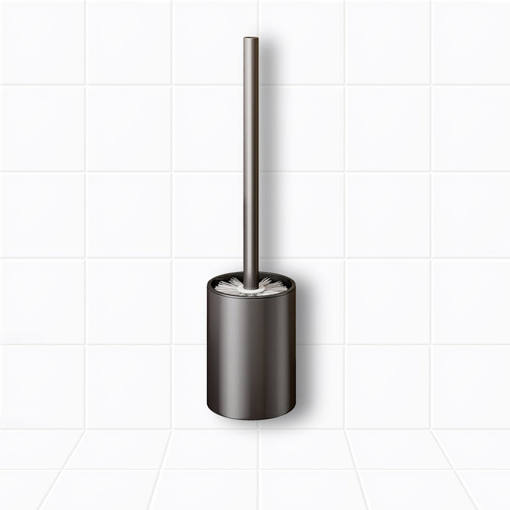 Dark grey wall-mounted aluminum toilet brush with handle and draining holder for modern bathroom cleaning.