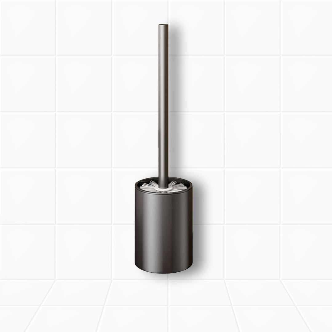 Dark grey wall-mounted aluminum toilet brush with handle and draining holder for modern bathroom cleaning.