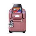 Coffee brown PVC leather car backseat organizer with multiple pockets and iPad mini holder.