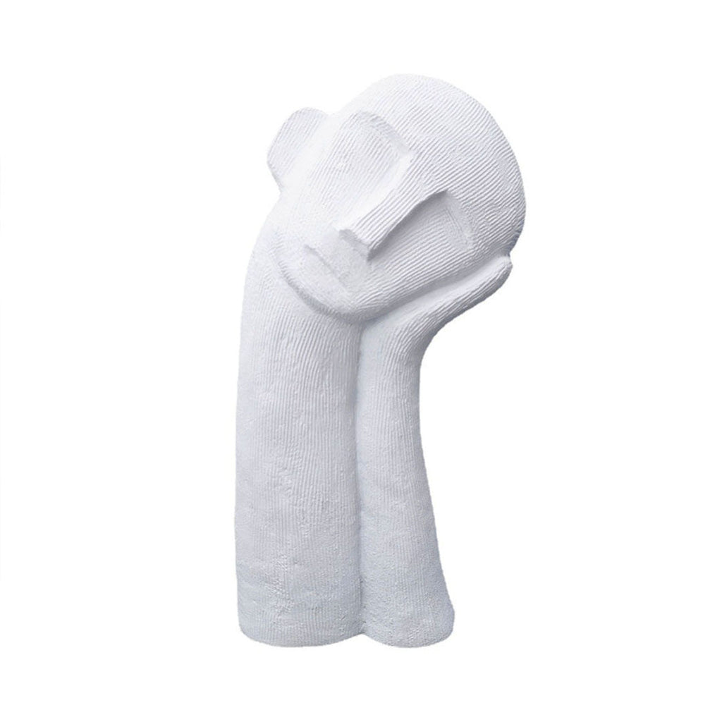 White minimalist abstract head sculpture with hand resting, matte resin home decor piece
