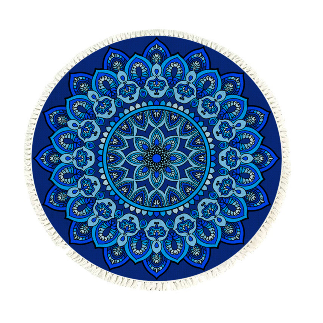 90cm round blue mandala patterned area rug made of soft polyester for home decor