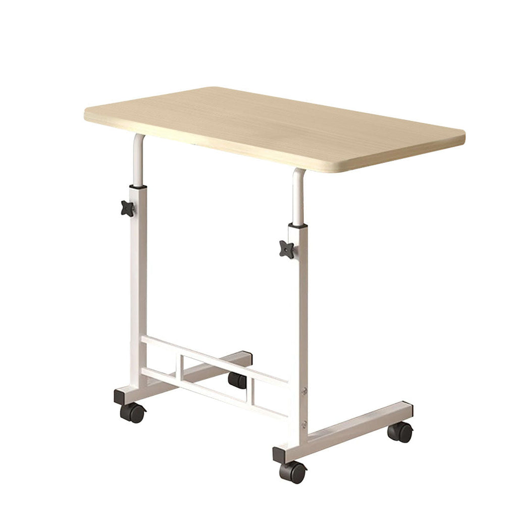 White maple movable bedside table and computer desk with rolling wheels and sturdy metal frame
