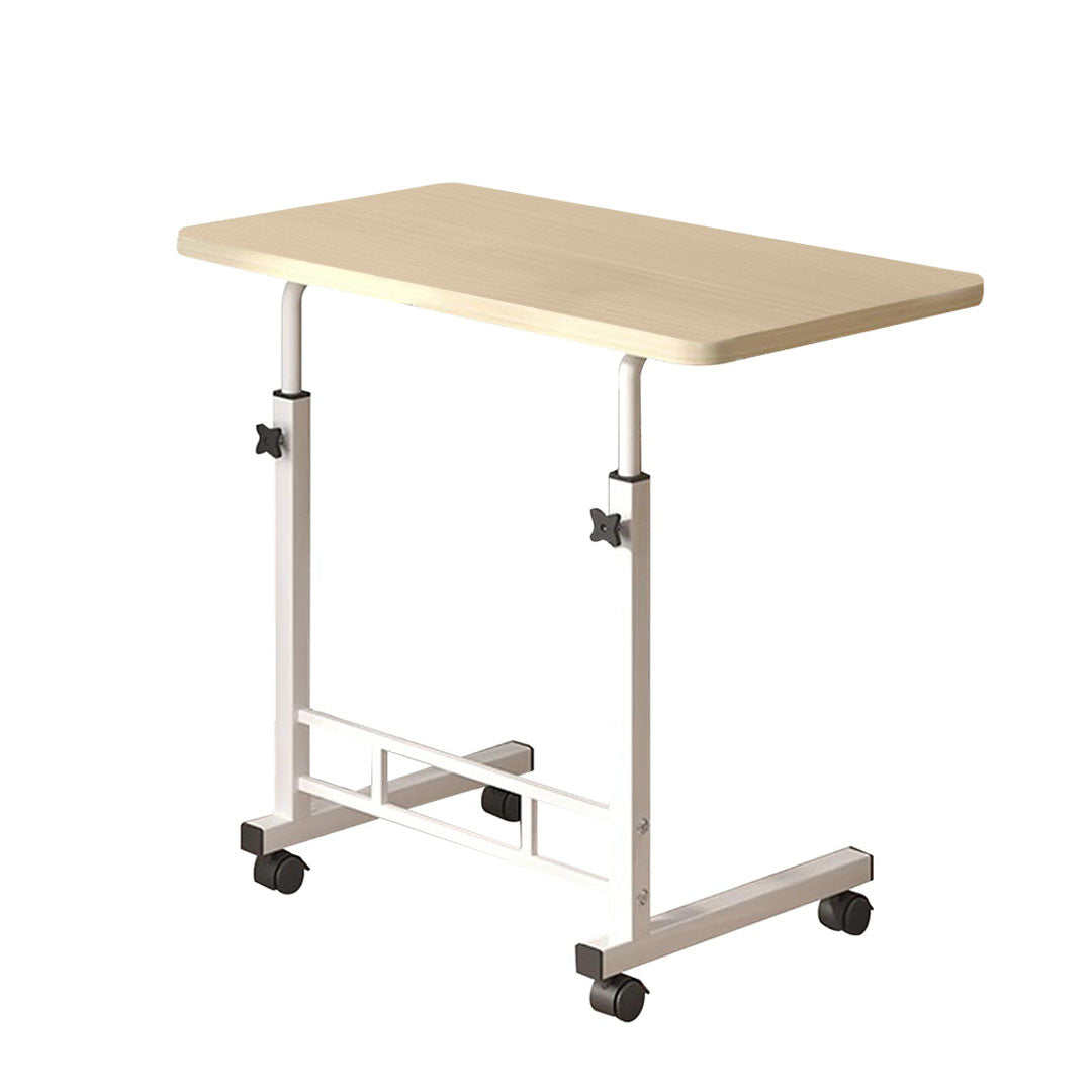 White maple movable bedside table and computer desk with rolling wheels and sturdy metal frame