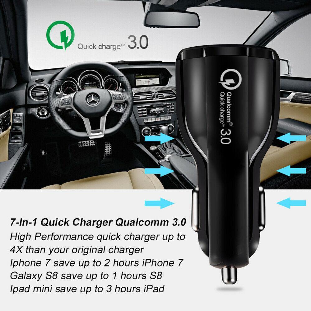 Black 30W dual USB fast car charger for smartphones featuring Quick Charge 3.0 technology