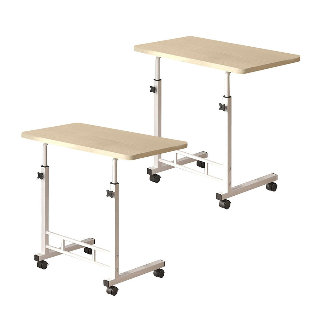 Set of two movable white maple wood bedside tables with sturdy metal frames and rolling wheels