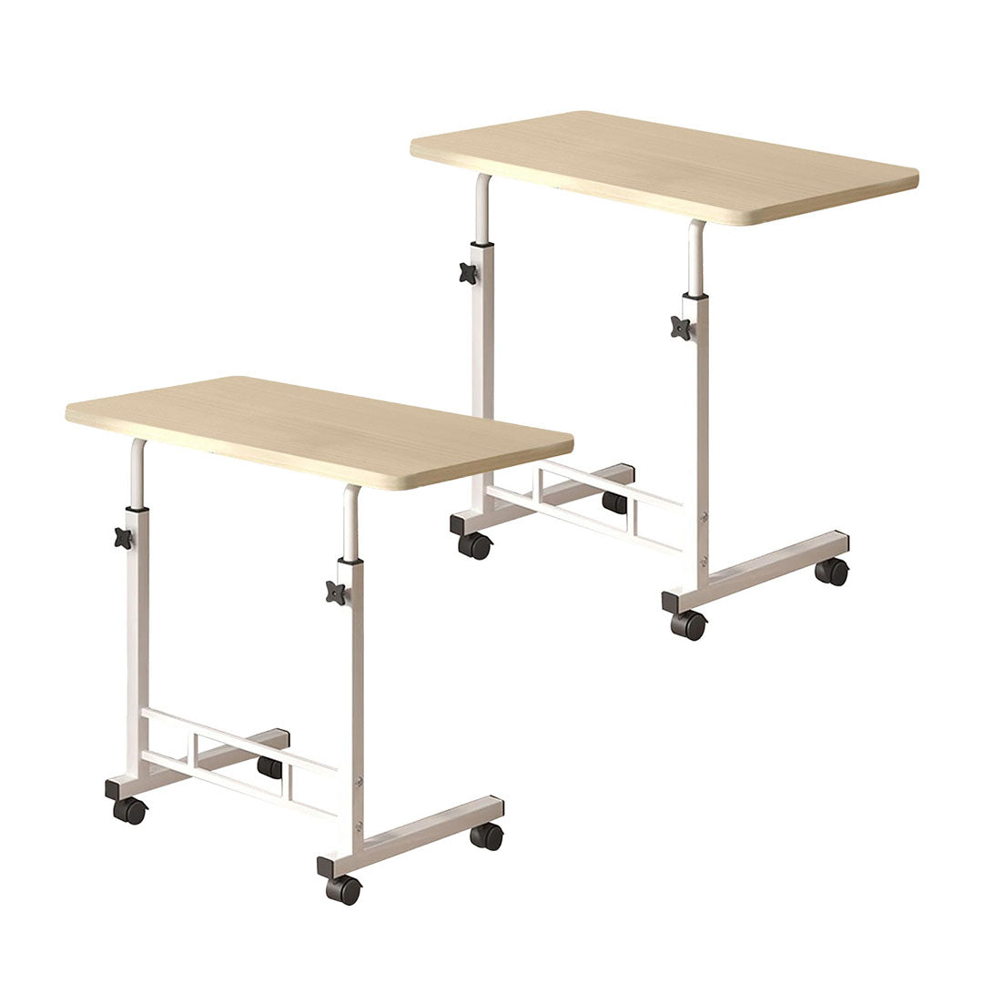 Set of two movable white maple wood bedside tables with sturdy metal frames and rolling wheels