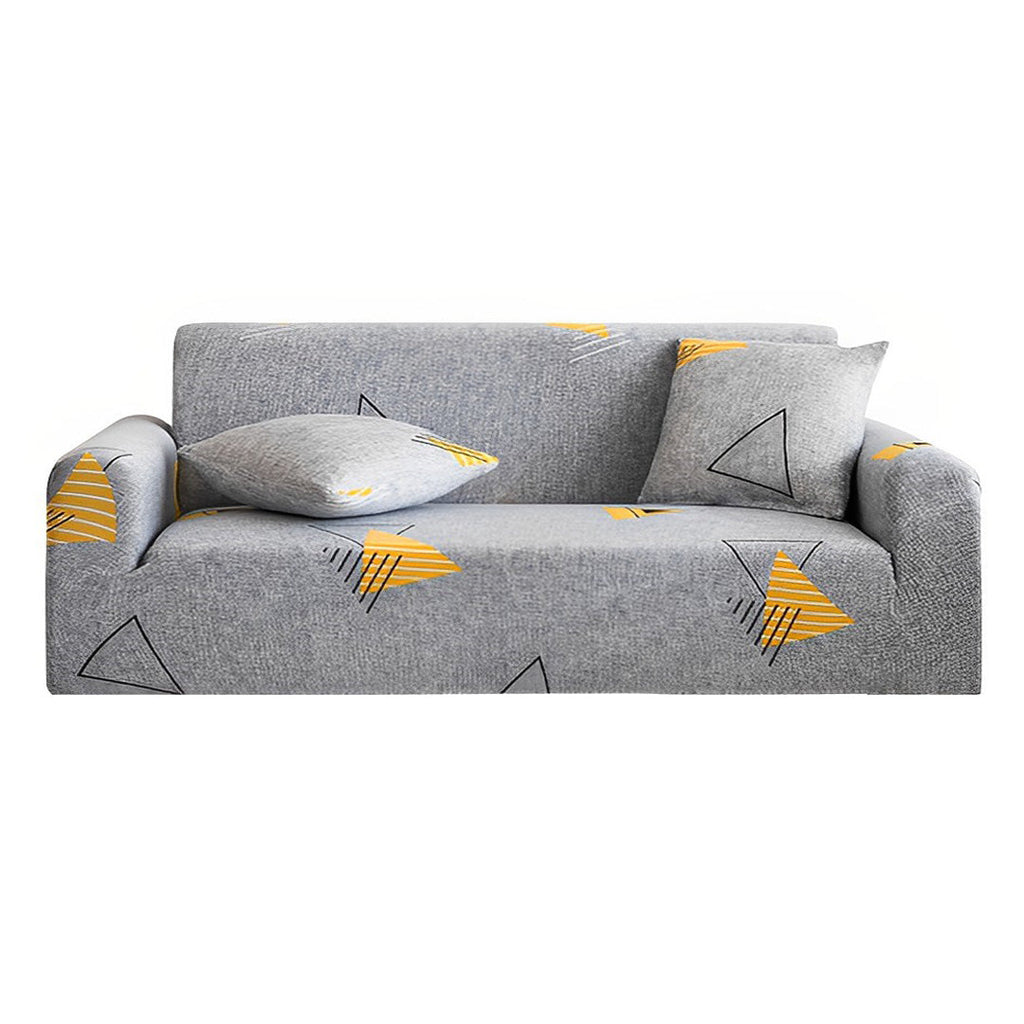 Grey geometric print 4-seater sofa cover stretched securely over a modern living room couch