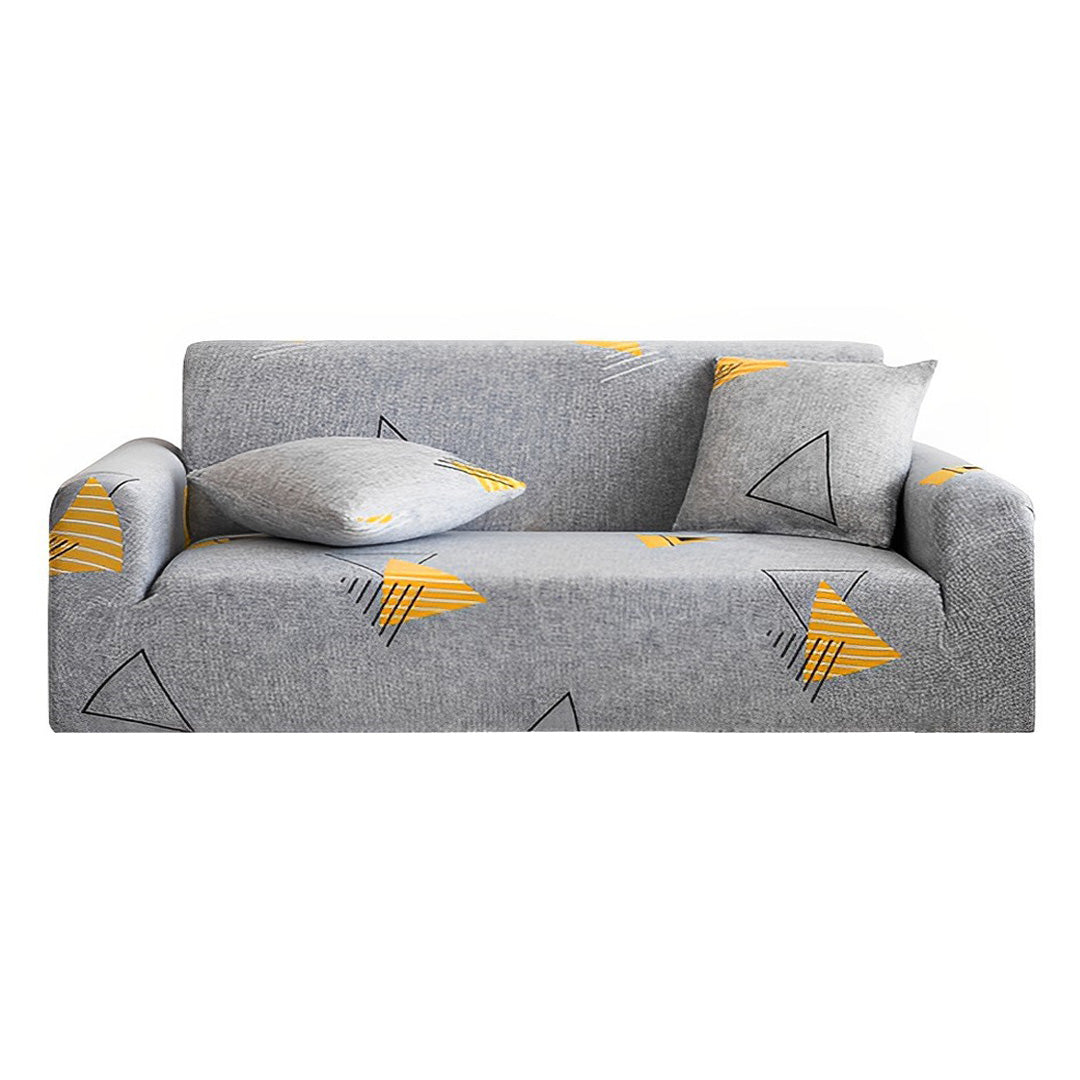 Grey geometric print 4-seater sofa cover stretched securely over a modern living room couch