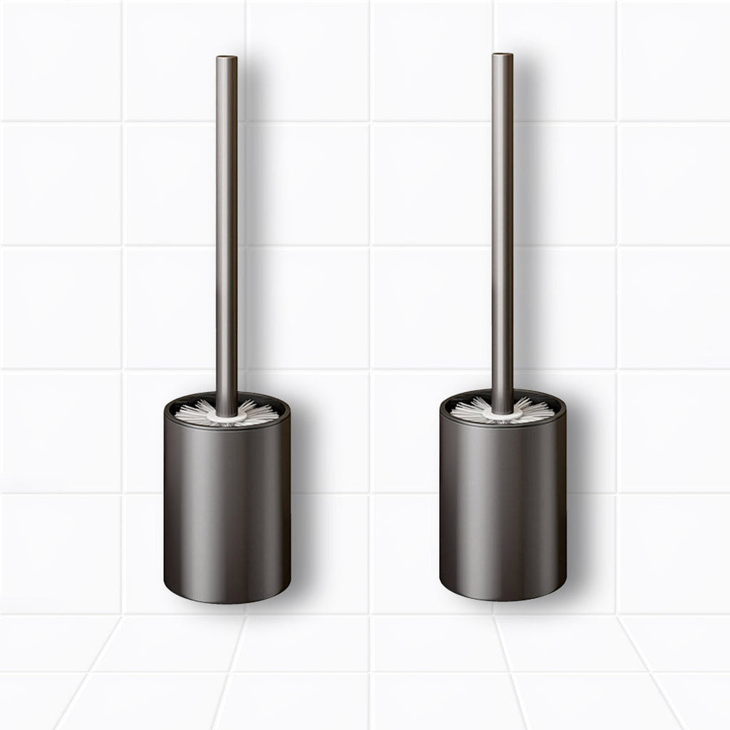 Two dark grey wall-mounted aluminum toilet brushes with ventilated holders and hygienic bristles