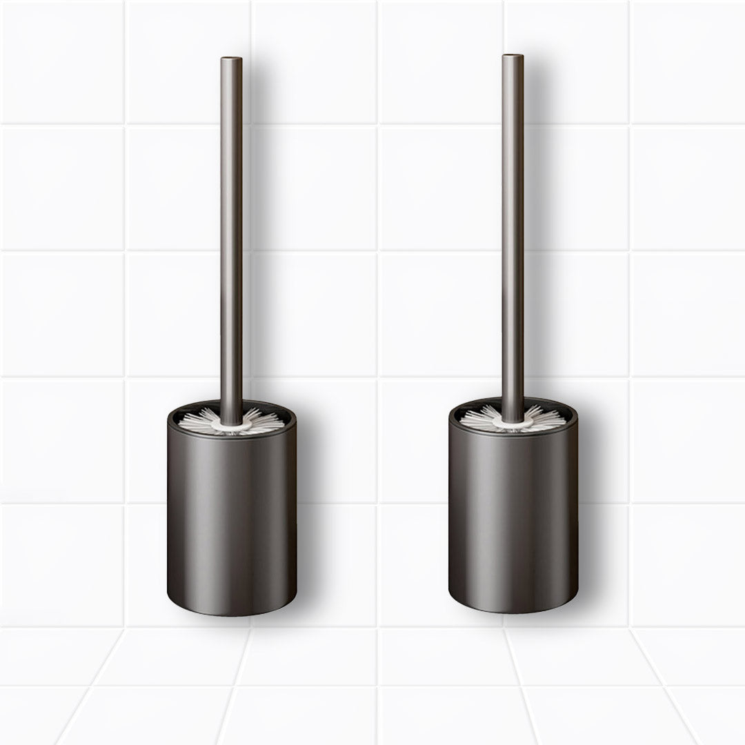 Two dark grey wall-mounted aluminum toilet brushes with ventilated holders and hygienic bristles
