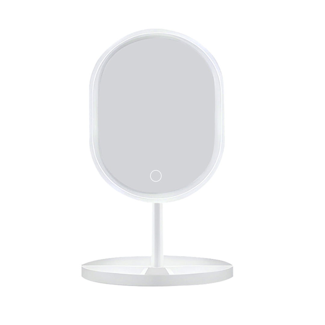 White oval LED makeup vanity mirror on a stand with bright illuminated tricolor adjustable lighting