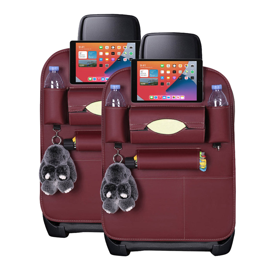 Red PVC leather car backseat organizer with multiple pockets, drink holders, and iPad slot
