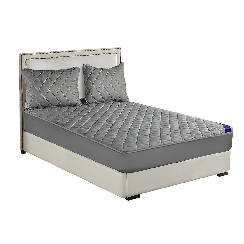 Grey cross-hatch quilted mattress cover and two matching pillow covers crafted from premium soft polyester.