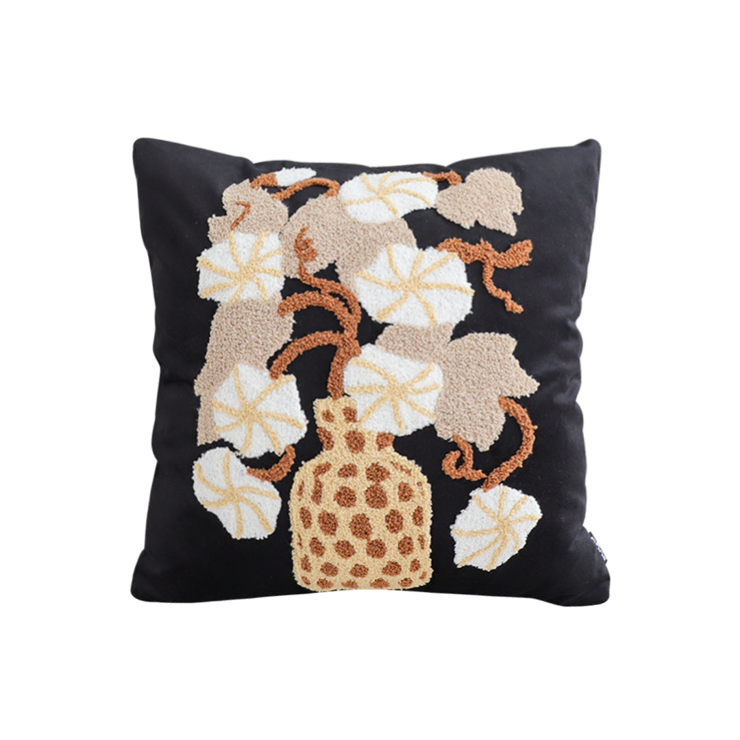 Black and gold floral embroidered 45cm throw pillow with wicker basket design for home decor