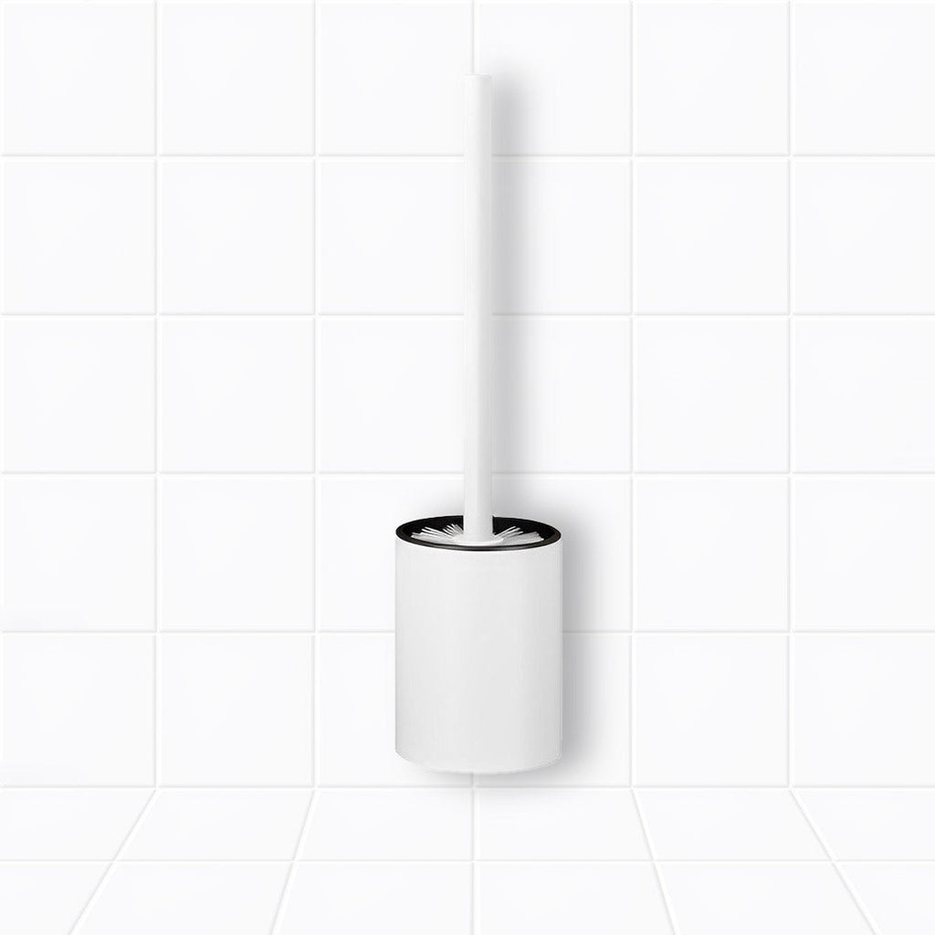 White aluminum wall-mounted toilet brush with holder and ergonomic handle for bathroom cleaning