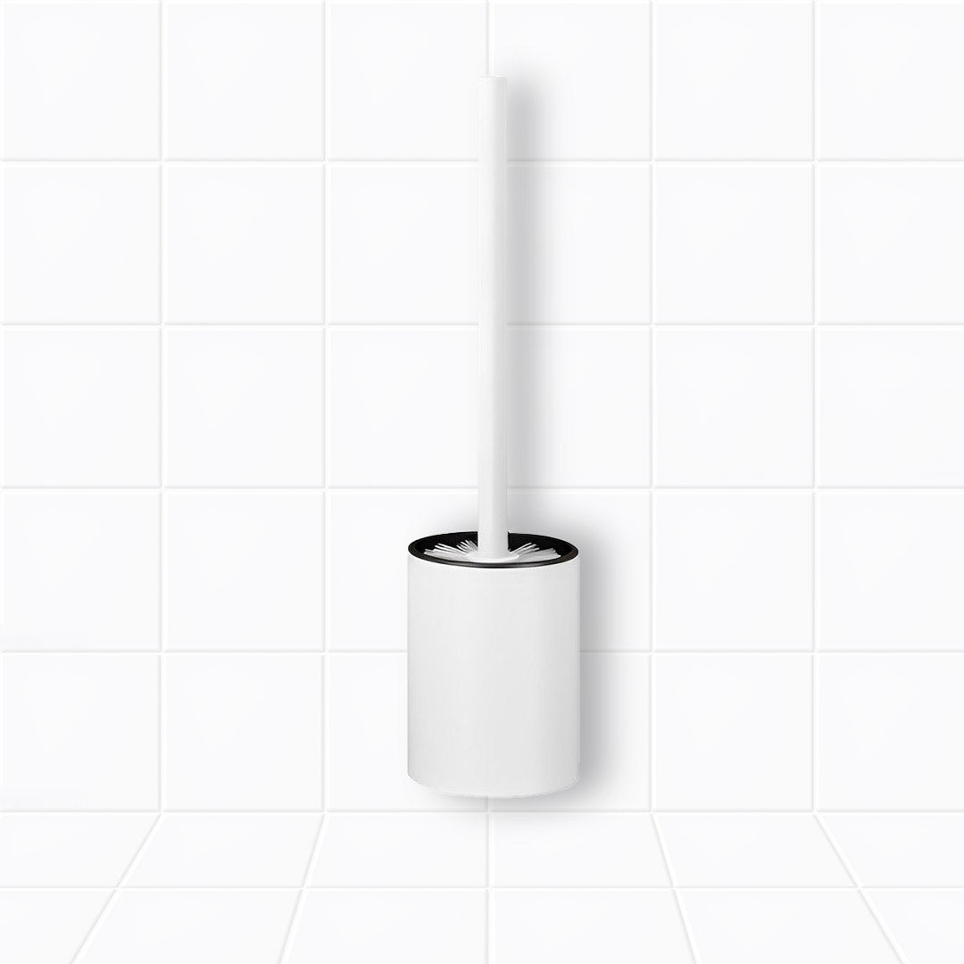 White aluminum wall-mounted toilet brush with holder and ergonomic handle for bathroom cleaning