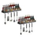 Black aluminum wall mounted kitchen spice rack organizer with hooks holding jars and utensils