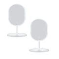 White oval smart LED makeup vanity mirror with tricolor adjustable lighting on a tabletop base