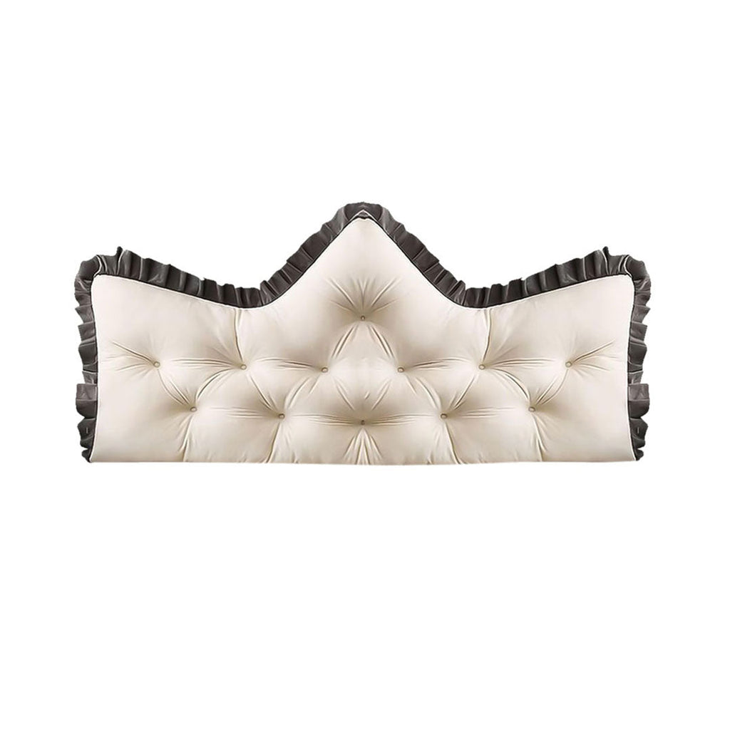 Tufted crown headboard pillow in cream with charcoal ruffled edges for king size beds