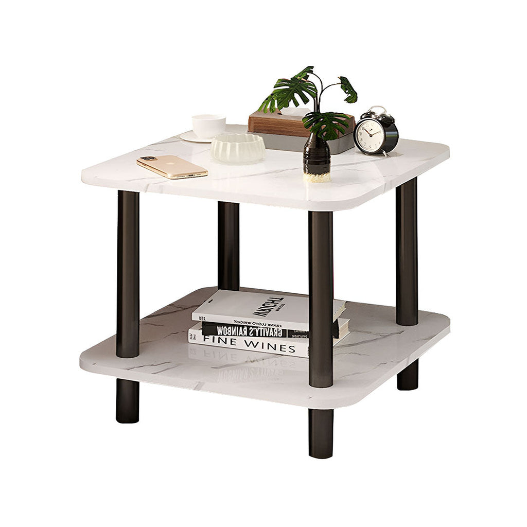 White stone-patterned side table with sleek black pine wood legs for modern living room decor