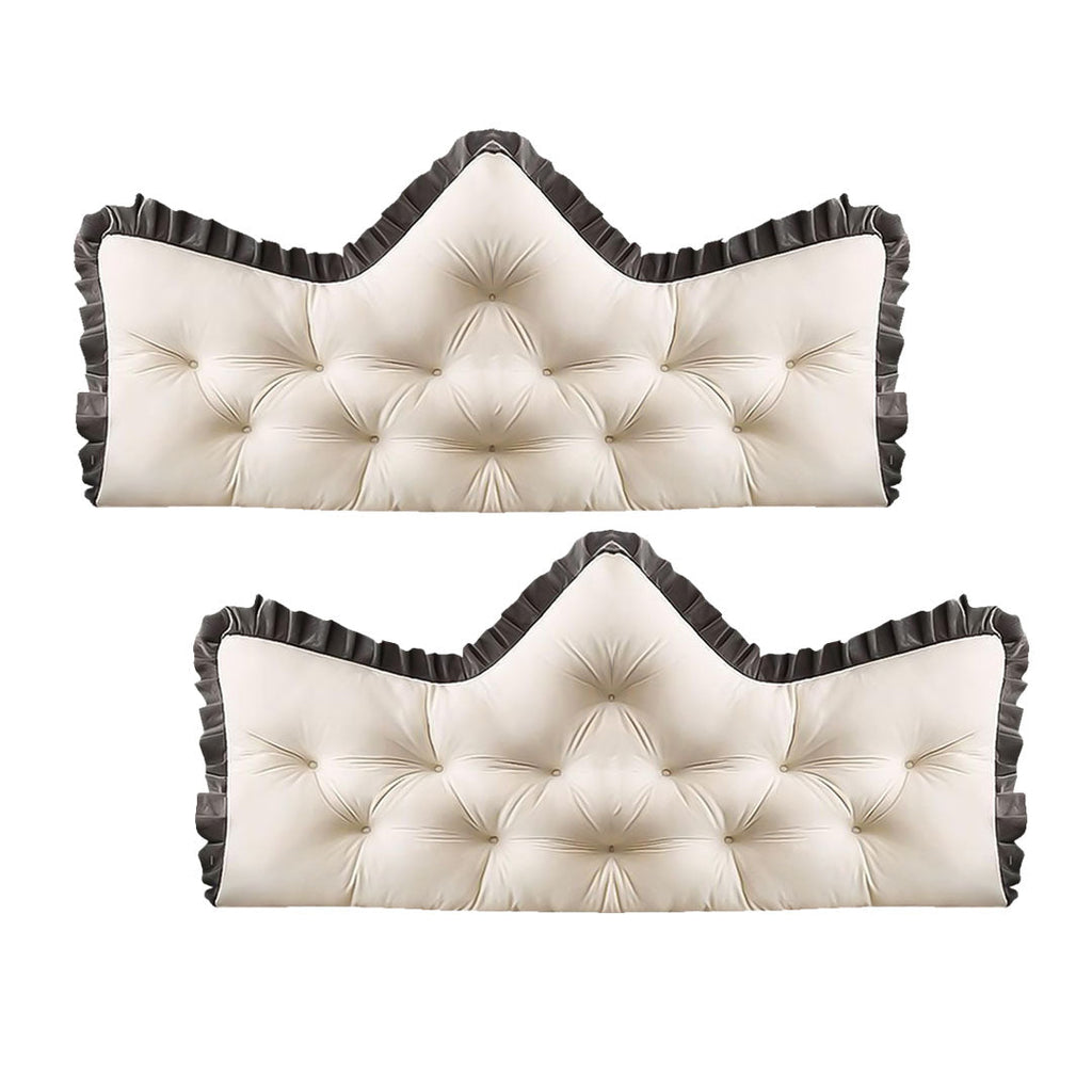 Cream tufted crown headboard pillow with charcoal ruffled edge and plush back support cushioning