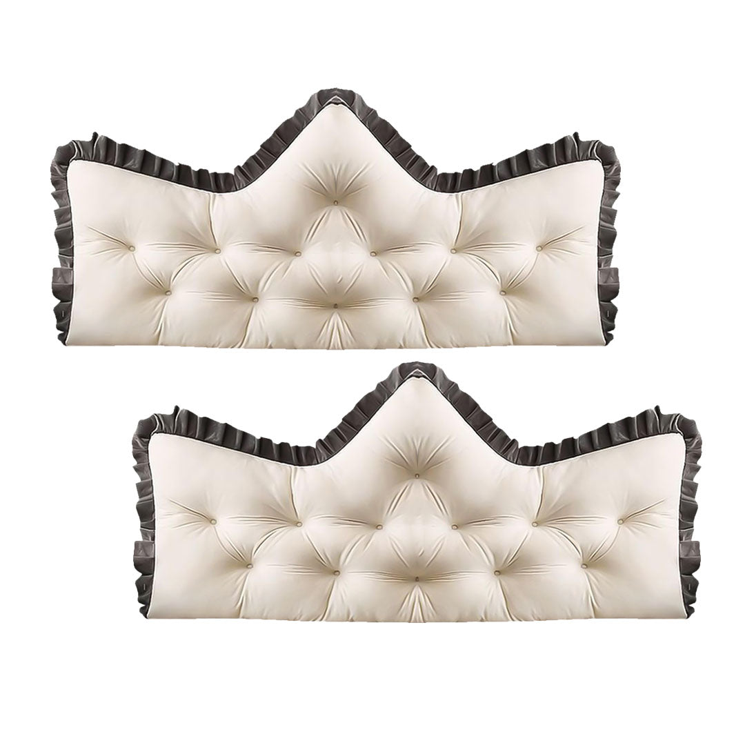 Cream tufted crown headboard pillow with charcoal ruffled edge and plush back support cushioning