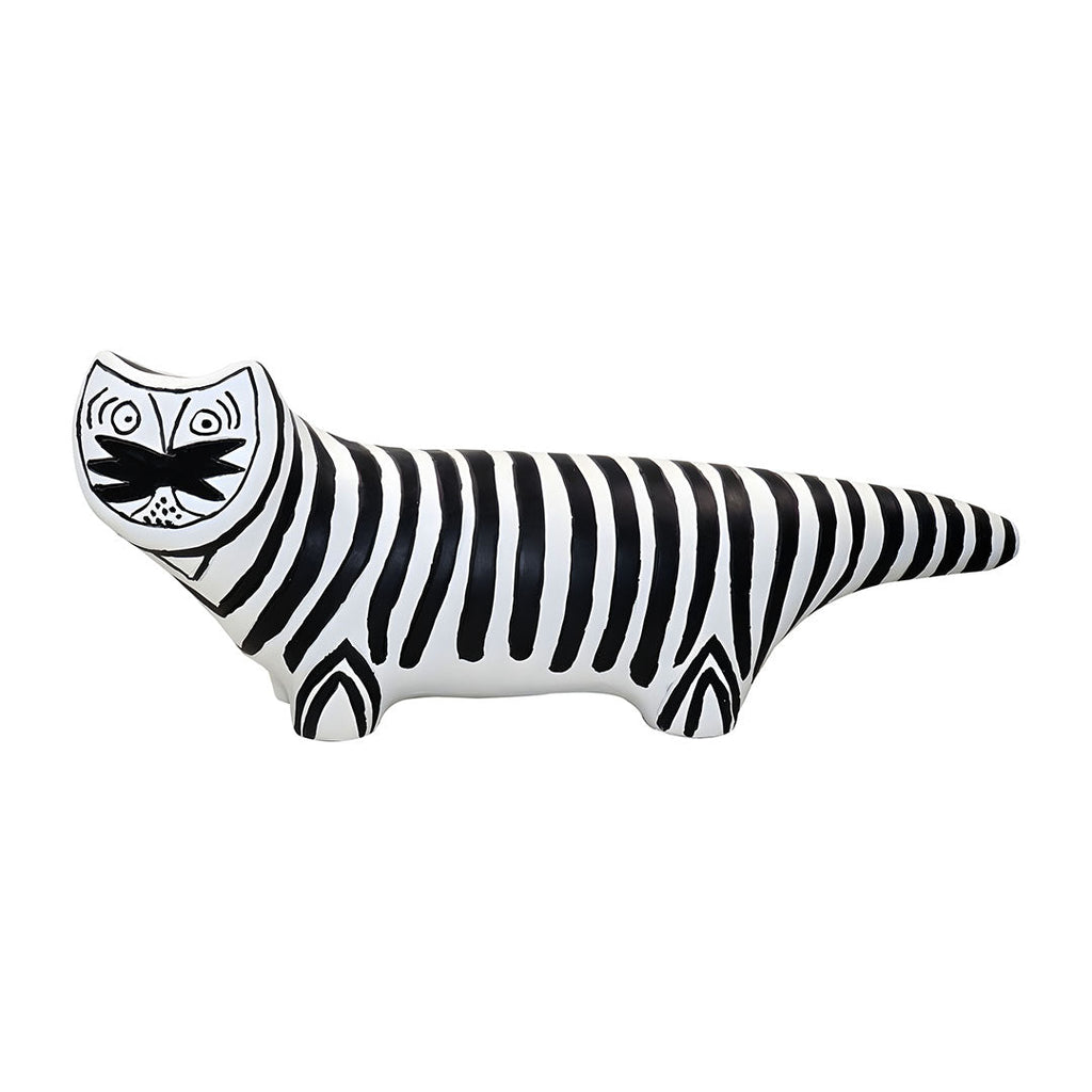 Elongated black and white striped cat resin sculpture for modern bookshelf or console table decor