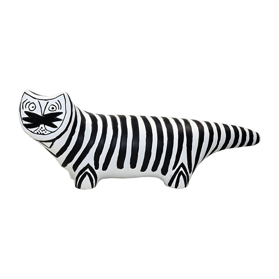 Elongated black and white striped cat resin sculpture for modern bookshelf or console table decor
