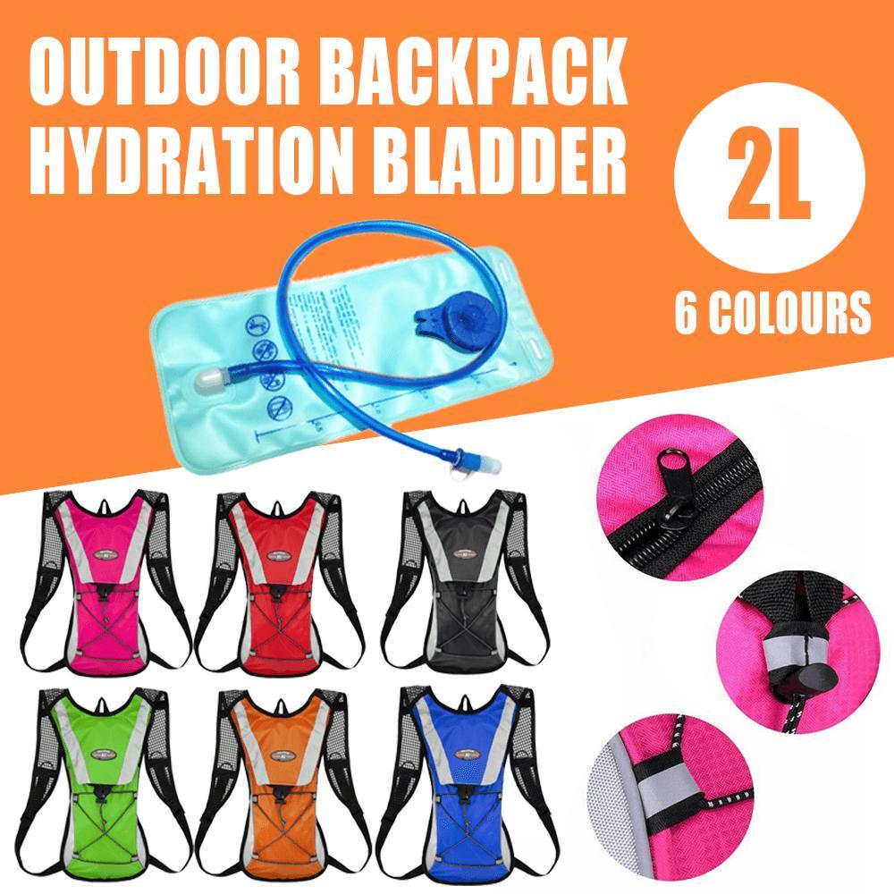 Lightweight nylon hydration backpack with two liter water bladder and adjustable shoulder straps