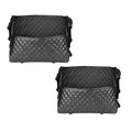 Black leather car organizer bag hanging between two front seats holding a purse and accessories