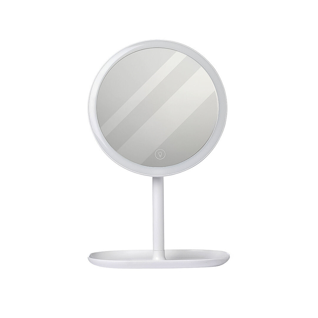 White round 26cm smart LED makeup vanity mirror with tricolor adjustable light on dressing table