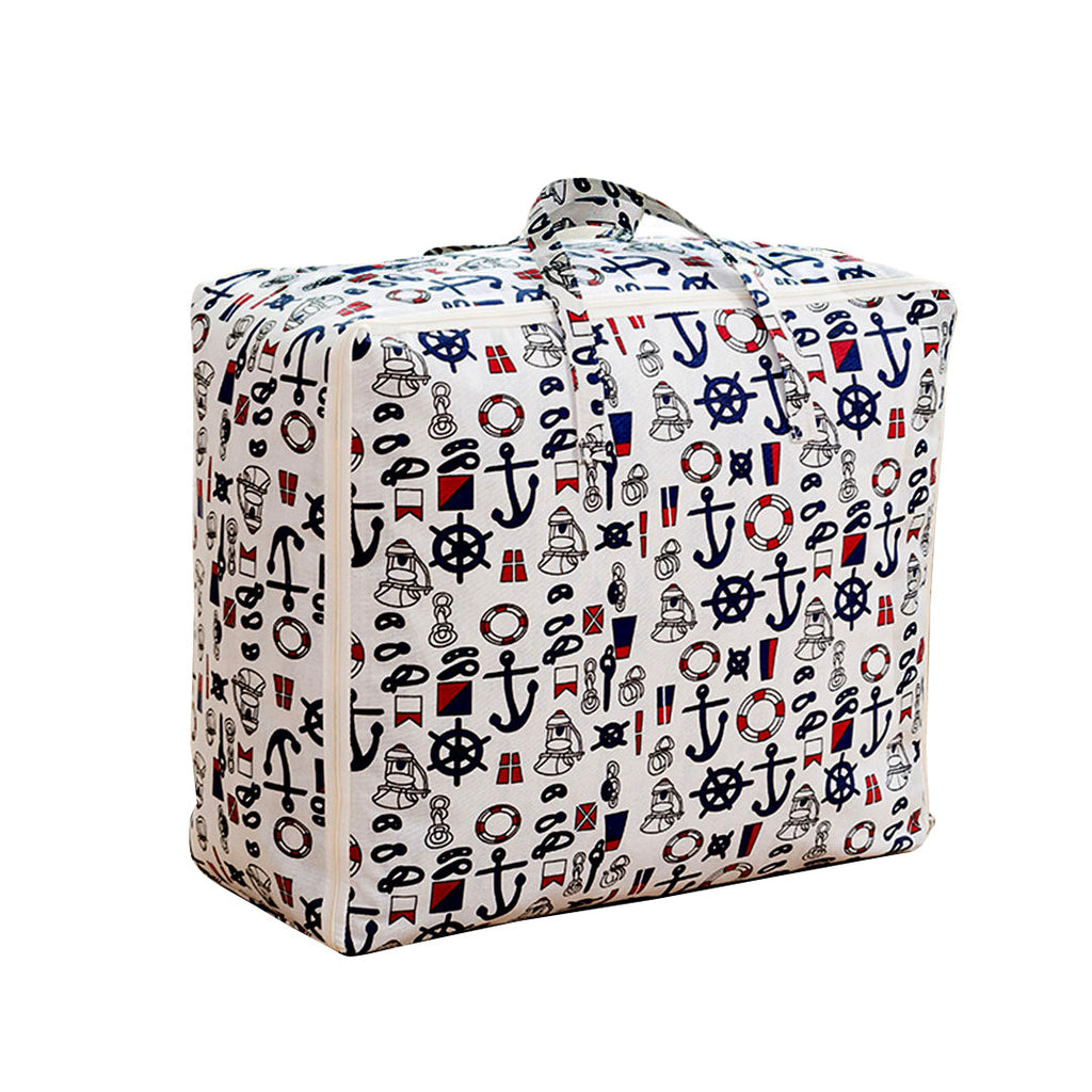 Large foldable nautical print travel storage bag with double zippers and cross-stitched carrying handles