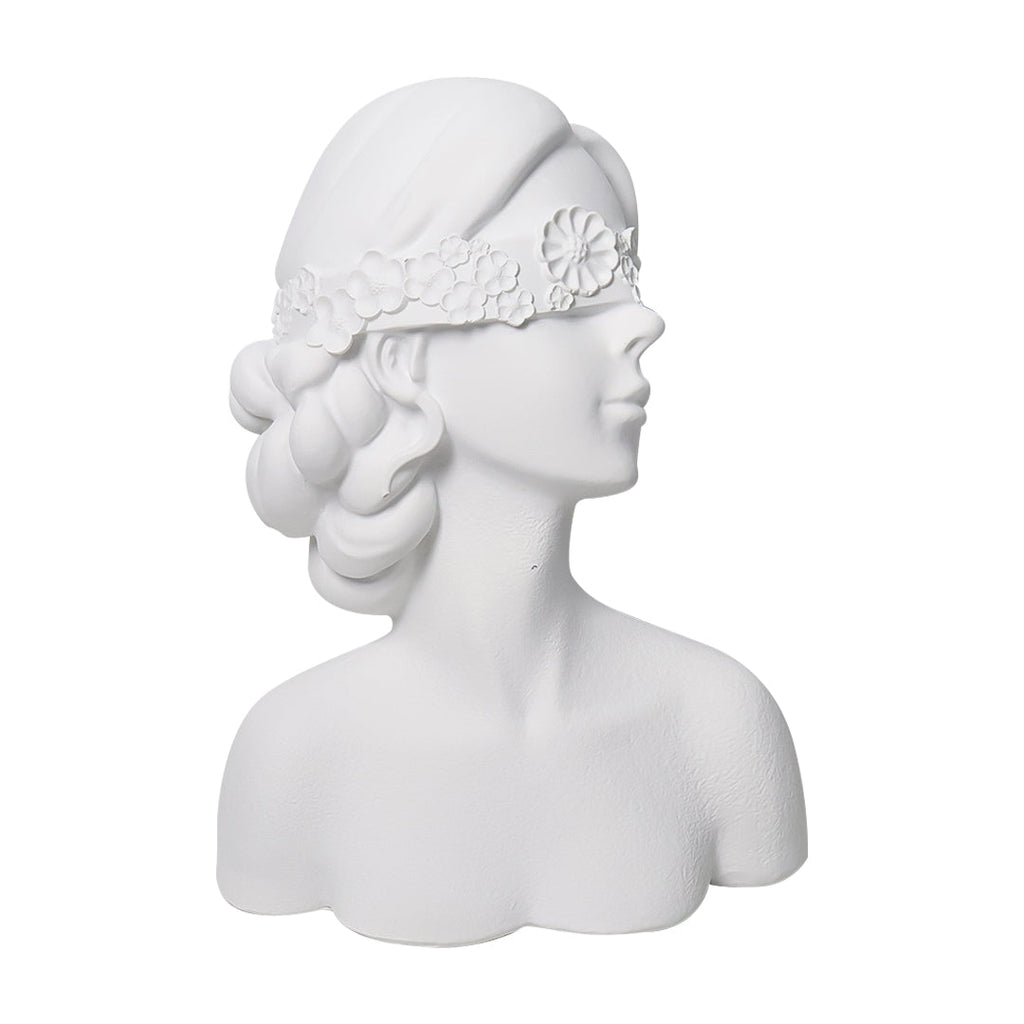 Matte white resin 36cm blindfold lady bust sculpture with delicate floral detailing for home decor