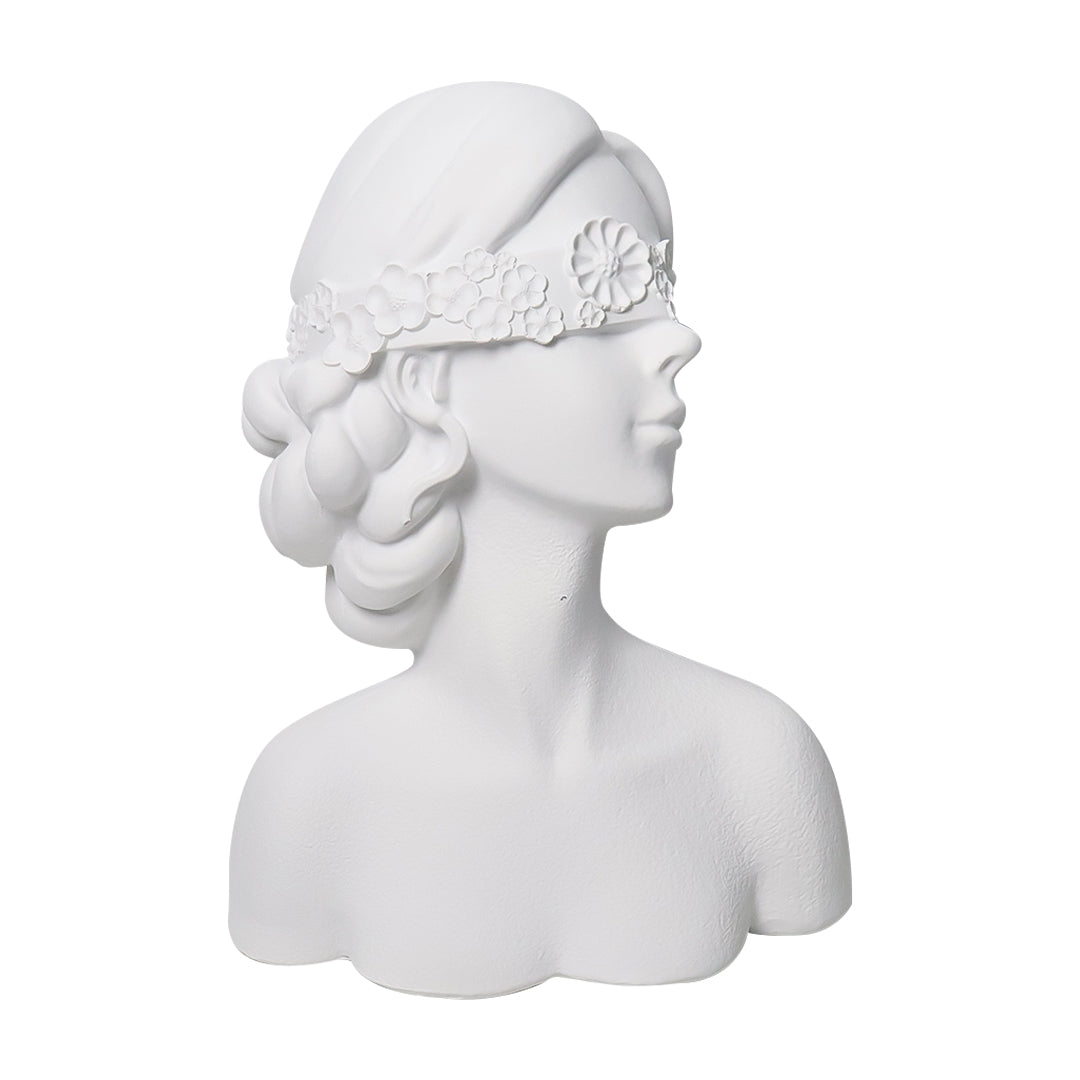 Matte white resin 36cm blindfold lady bust sculpture with delicate floral detailing for home decor