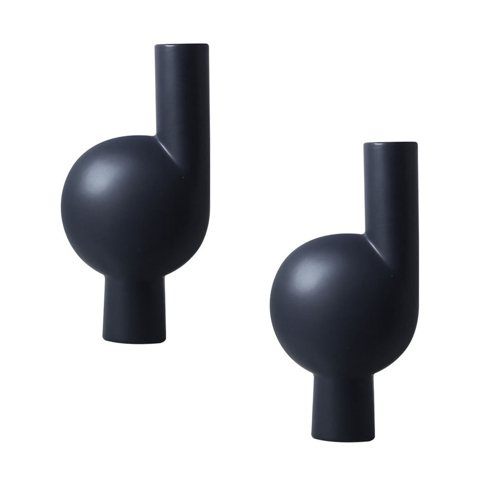 Set of two modern abstract black ceramic vases with narrow necks for home decor