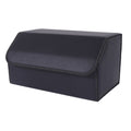 Black leather car trunk organizer with diamond stitching, 65L capacity, and secure hardware locks.