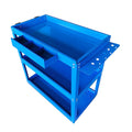Blue three tier heavy duty steel mobile tool storage cart on wheels