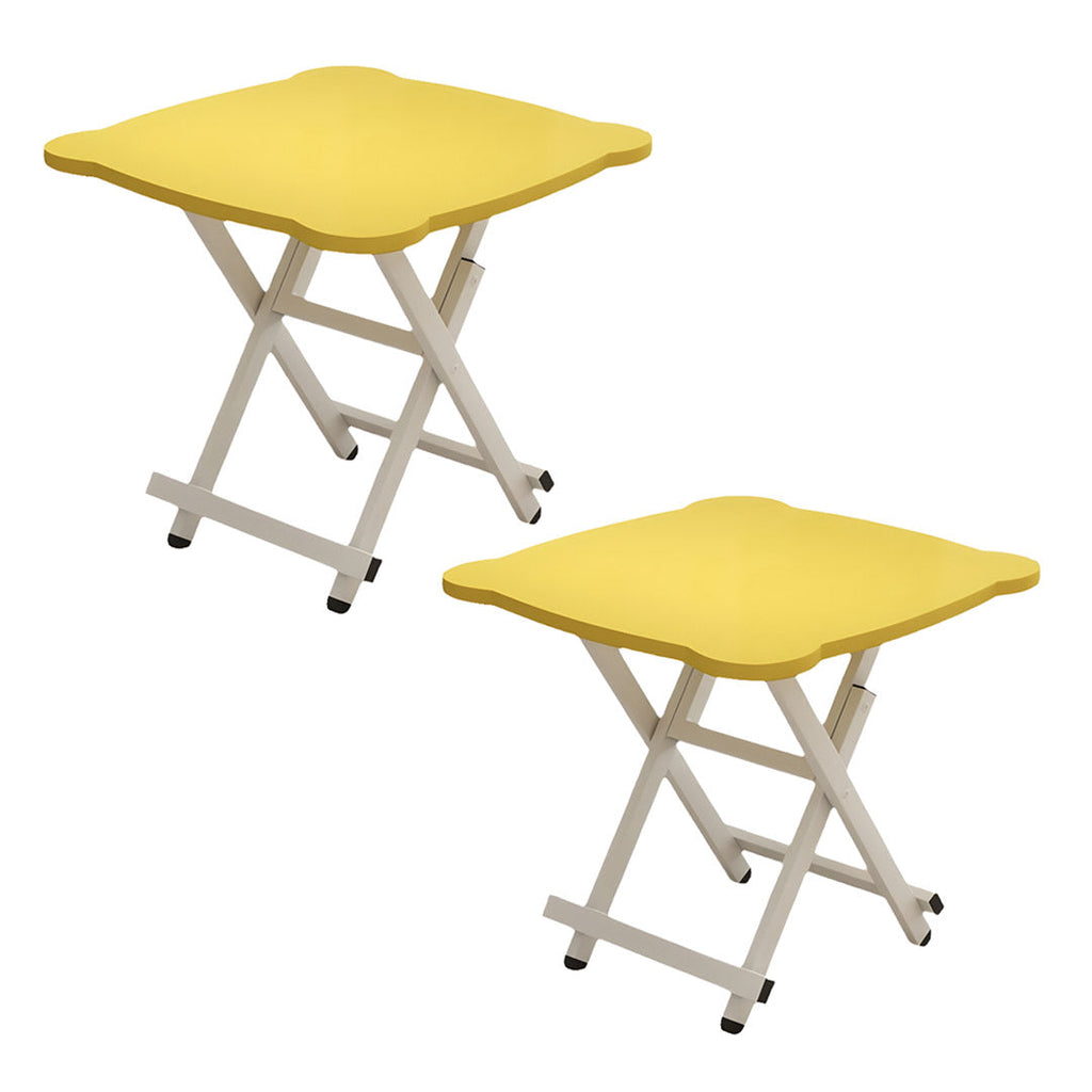Yellow minimalist cat ear folding table set with white metal legs for indoor and outdoor use