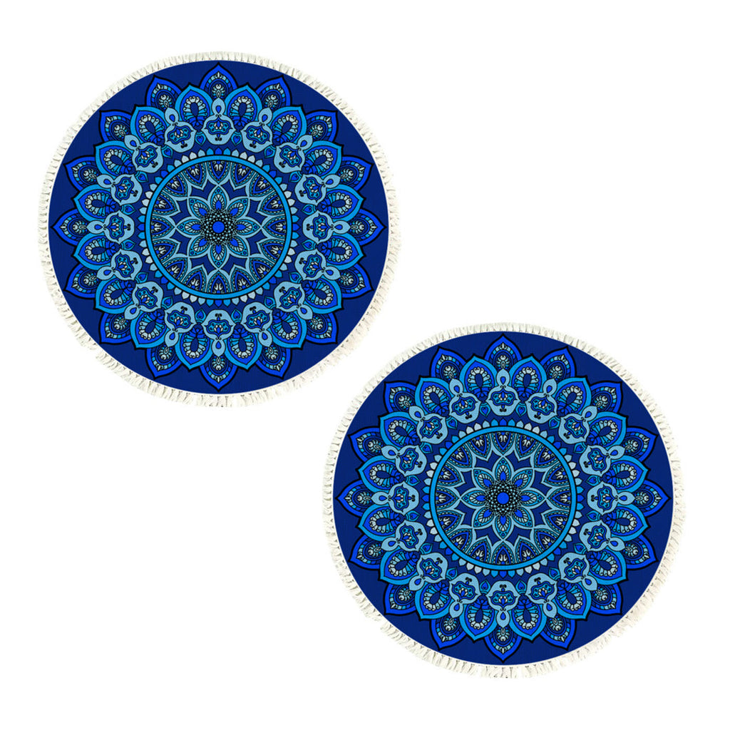 Two 90cm blue mandala patterned round carpets with anti-slip backing for living room floor decor