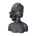 Matte black resin bust sculpture of a blindfolded lady with delicate floral crown detailing.