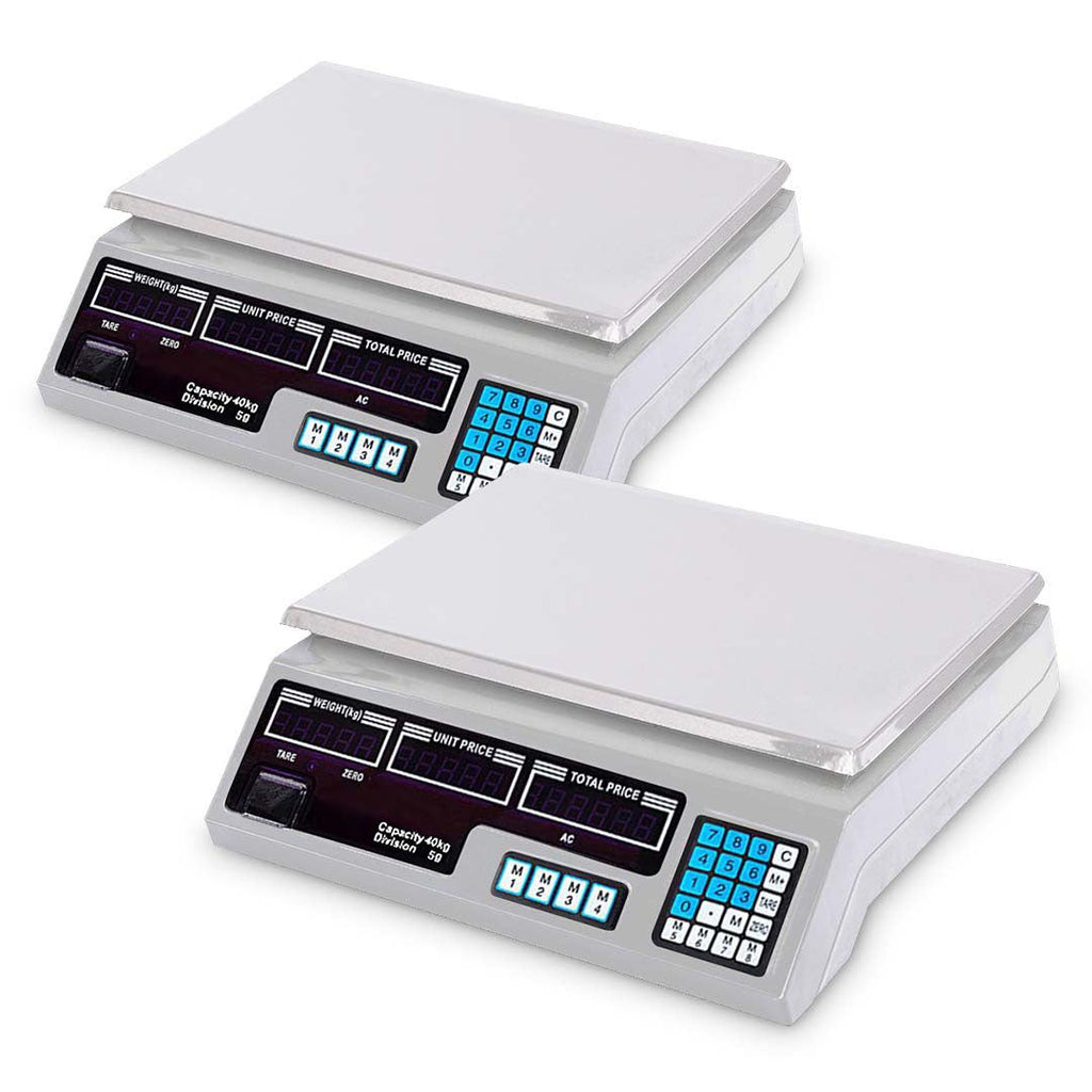 Two white SOGA digital kitchen scales with stainless steel platforms and dual-sided bright LCD displays
