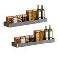 Two black aluminum wall mounted rectangular spice storage racks with installation accessories