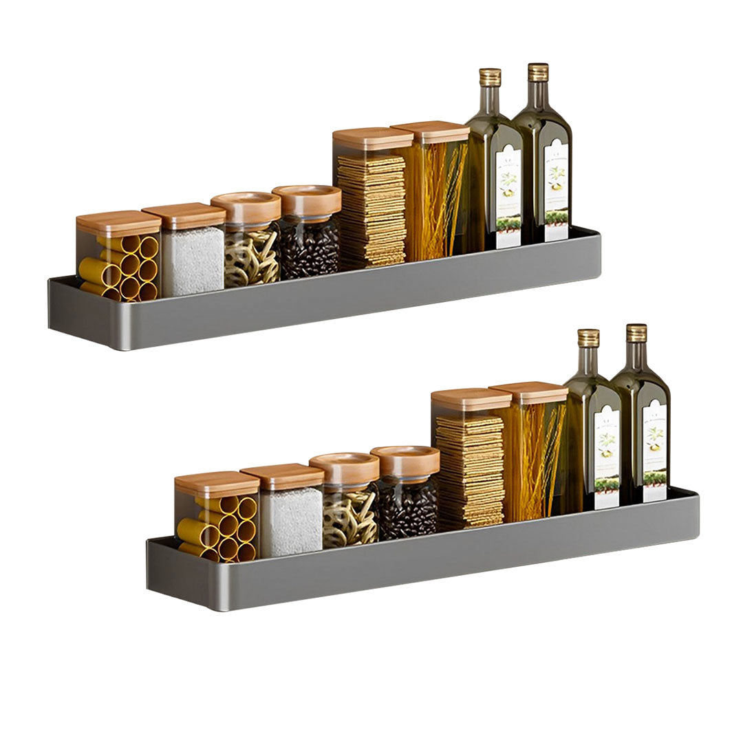 Two black aluminum wall mounted rectangular spice storage racks with installation accessories
