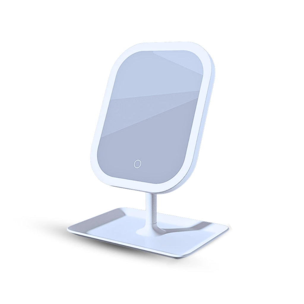 White square SOGA smart LED makeup vanity mirror with adjustable tricolor lighting and stand