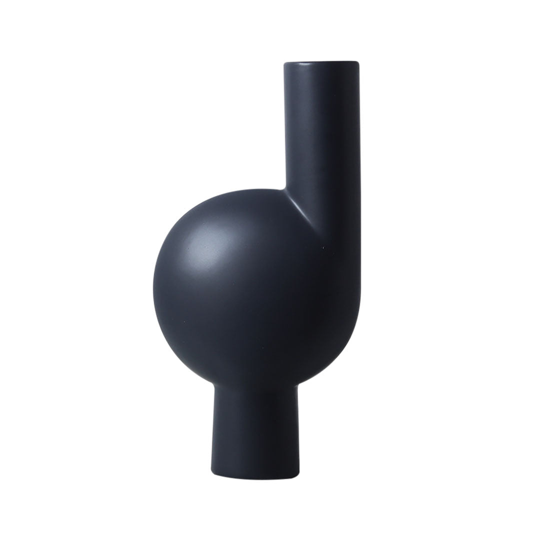 Large black ceramic modern abstract vase with narrow neck for contemporary home decor styling.