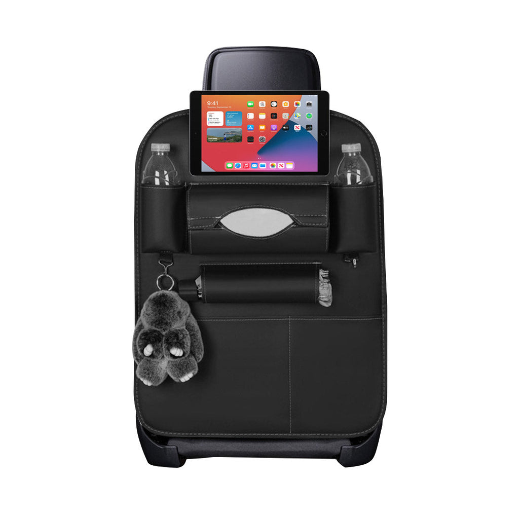 Black PVC leather car backseat organizer featuring multiple pockets, drink holders, and a tablet sleeve