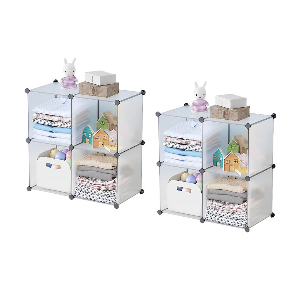 Transparent 4-cube modular storage organizer unit with white wire frame and stacked shelving design