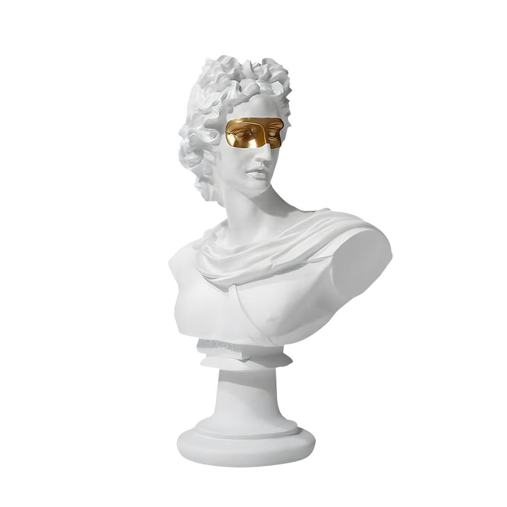 White Greco-Roman resin bust sculpture with modern gold sunglasses standing at 40cm tall