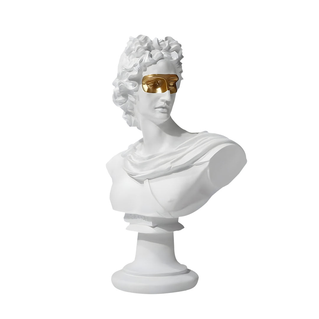 White Greco-Roman resin bust sculpture with modern gold sunglasses standing at 40cm tall