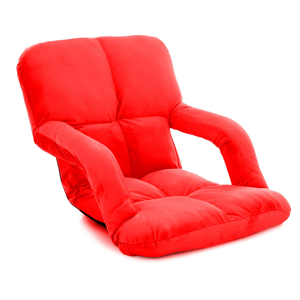 Red foldable floor lounge recliner chair with armrests and plush flannel cushion seating